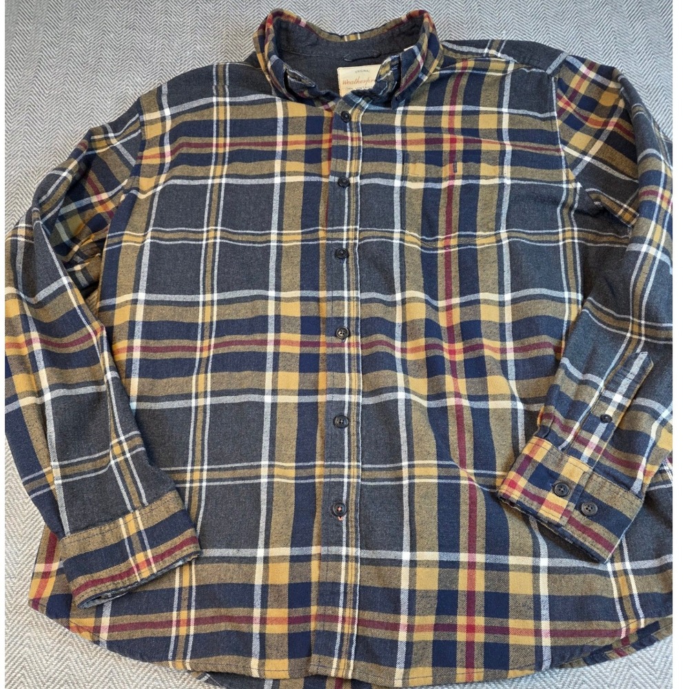 Weatherproof Vintage Mens XL Plaid Flannel Button Down Shirt Grey Yellow 1405886